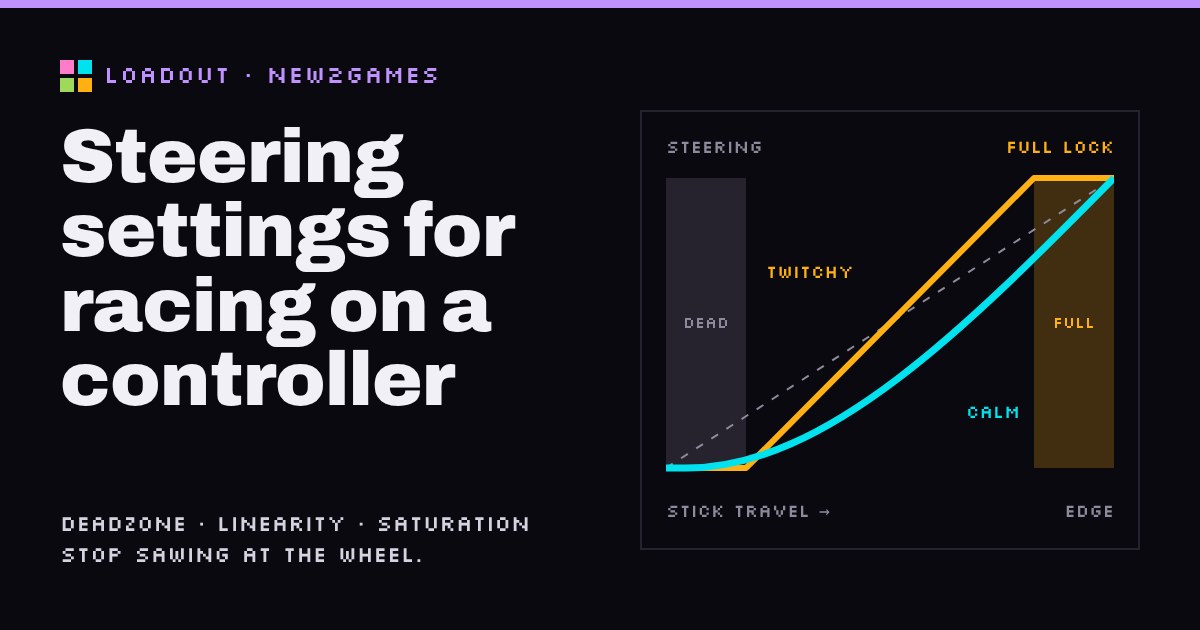 A chart of steering against stick travel comparing a twitchy curve with a big deadzone to a calm curved one, beside the title