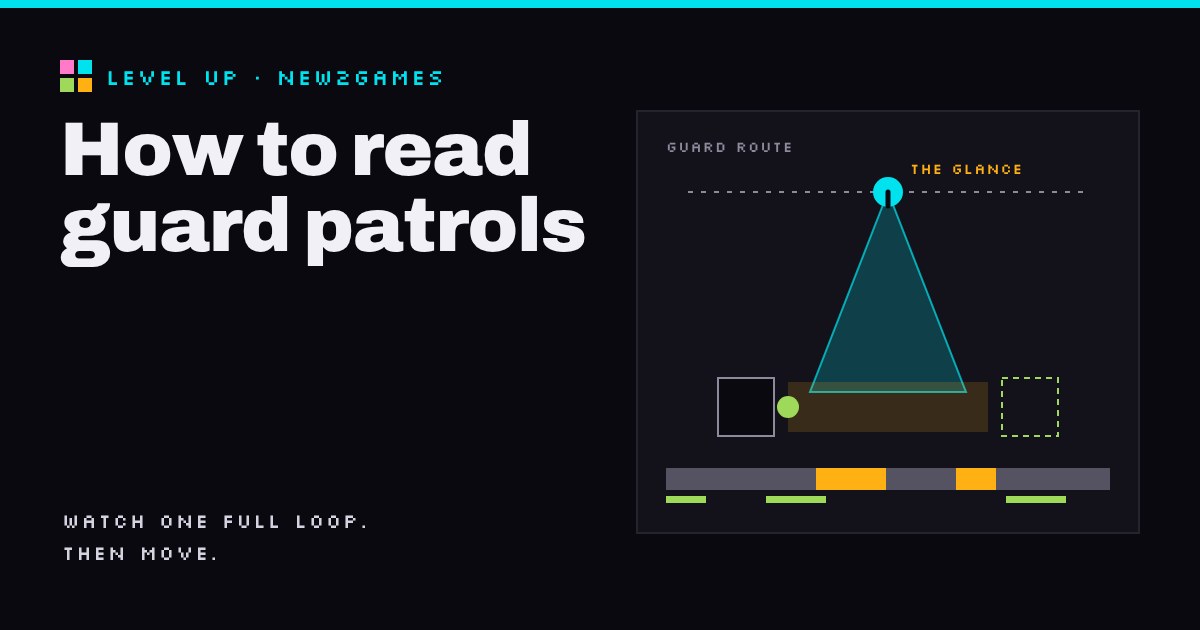 Title How to read guard patrols beside a top-down map: a guard's vision cone sweeps a lit gap between cover and an exit, above a timeline of his loop